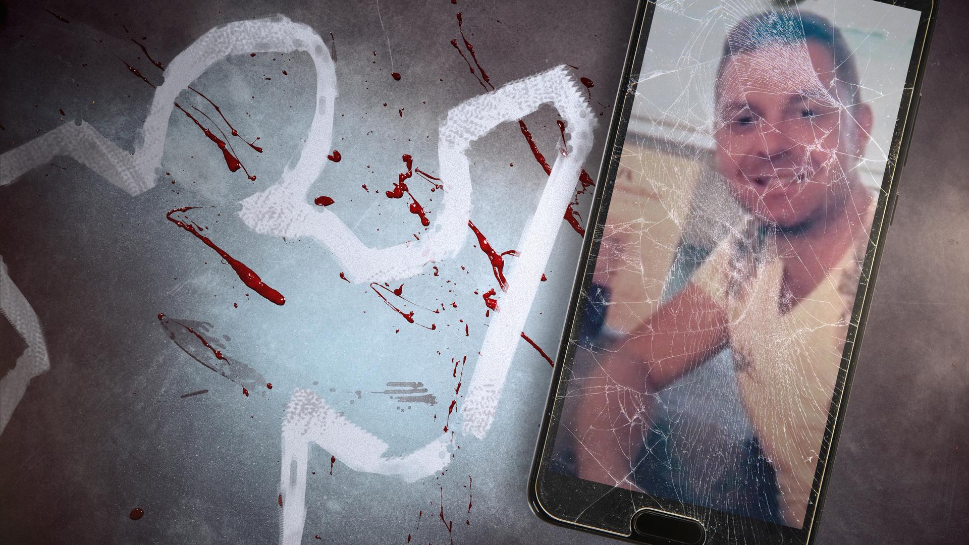 Rechts ein Smartphone mit zerbrochenem Display mit einem Bild des Opfers, links im Hintergrund eine Tatortscene mit Blutspritzern und dem aufgemalten Umriss einer Person.