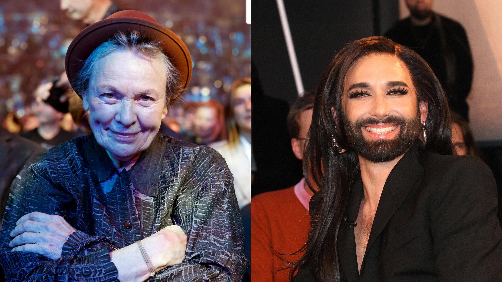 Zwei nebeneinander gestellte Fotos einer älteren Frau mit Hut und einer Person mit langen Haaren, Bart und künstlichen langen Wimpern.