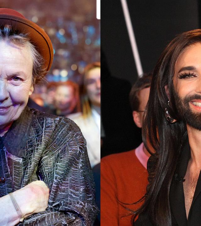 Zwei nebeneinander gestellte Fotos einer älteren Frau mit Hut und einer Person mit langen Haaren, Bart und künstlichen langen Wimpern.