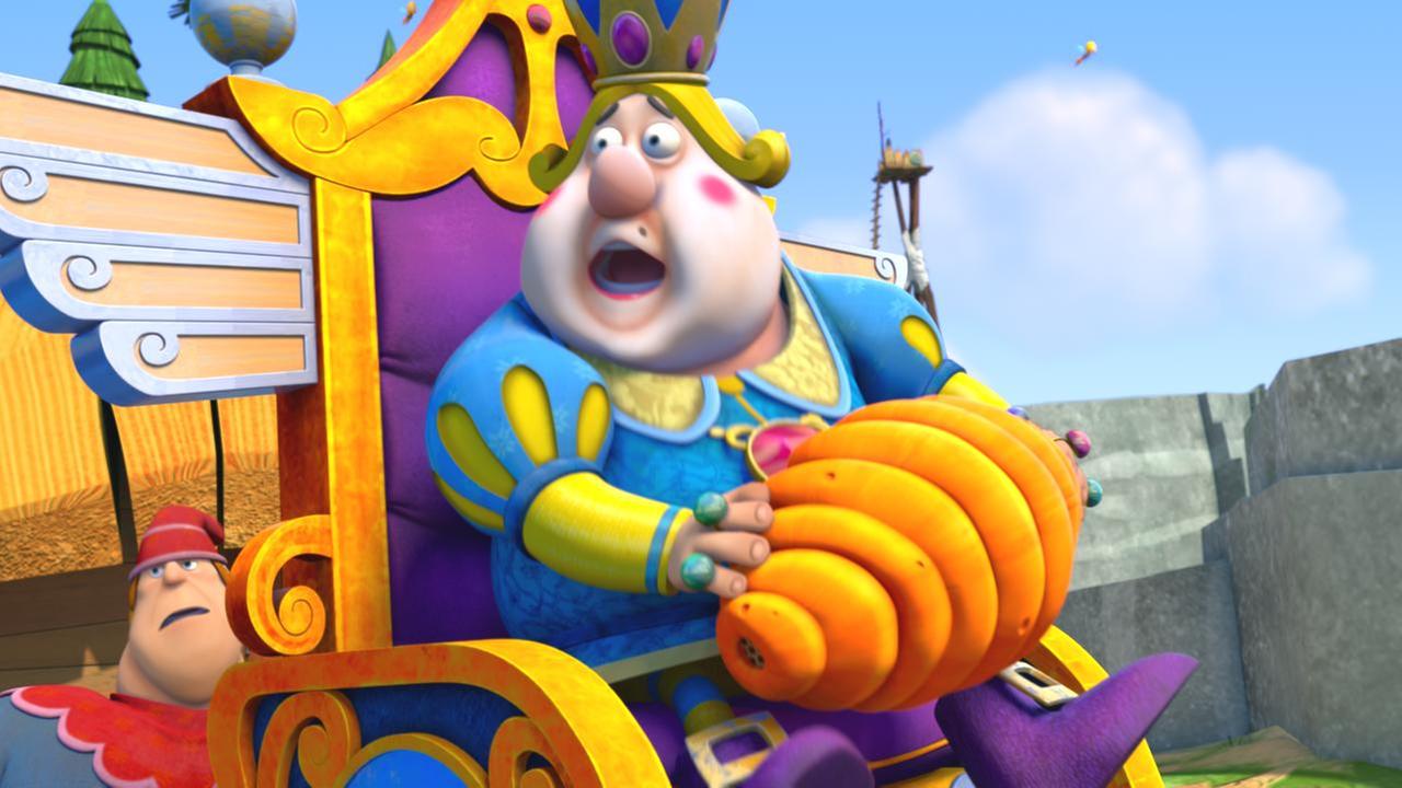 Der schwedische König sitzt auf dem Thron und schaut überrascht. Hinter ihm steht eine Wache.