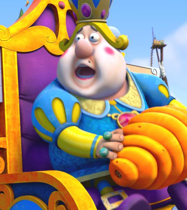 Der schwedische König sitzt auf dem Thron und schaut überrascht. Hinter ihm steht eine Wache.