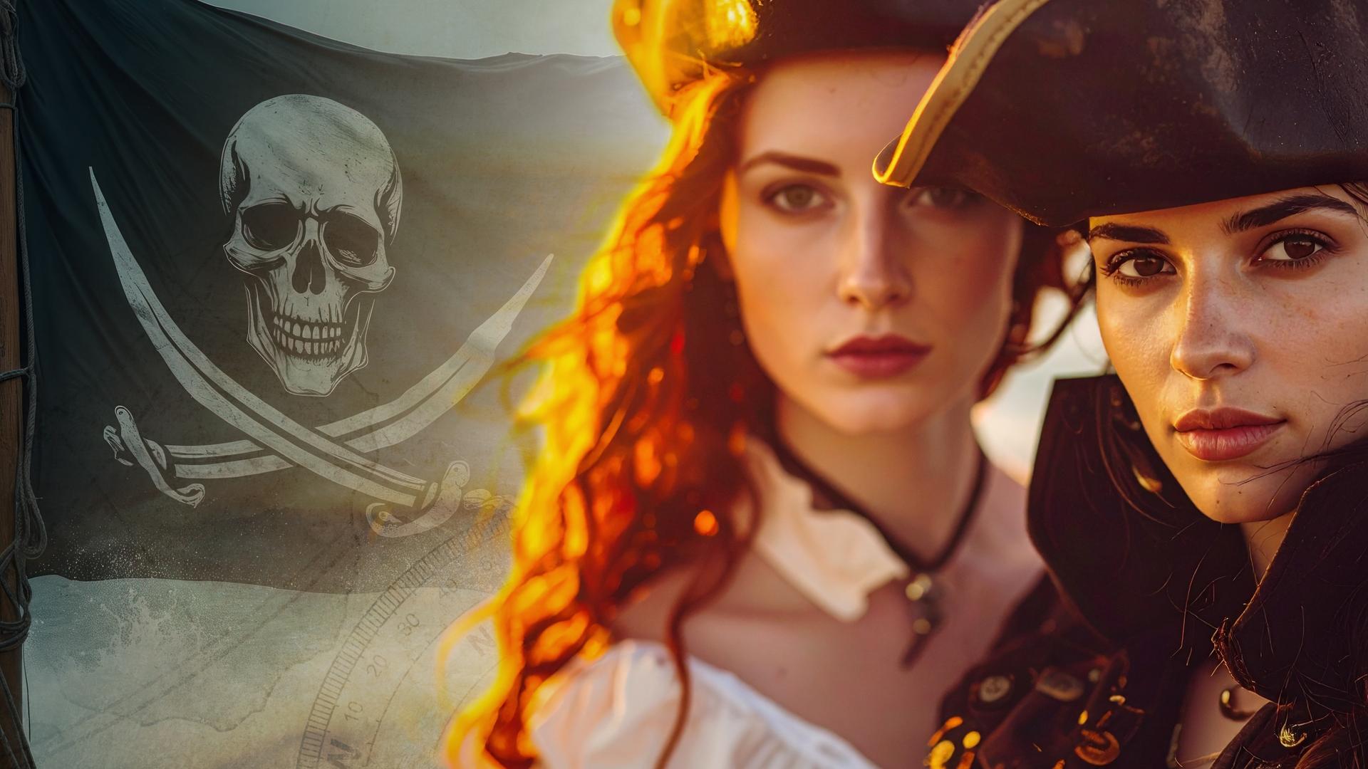 Collage: Anne Bonny und Mary Read schauen in die Kamera, links von ihnen ist eine Piratenflagge zu sehen.