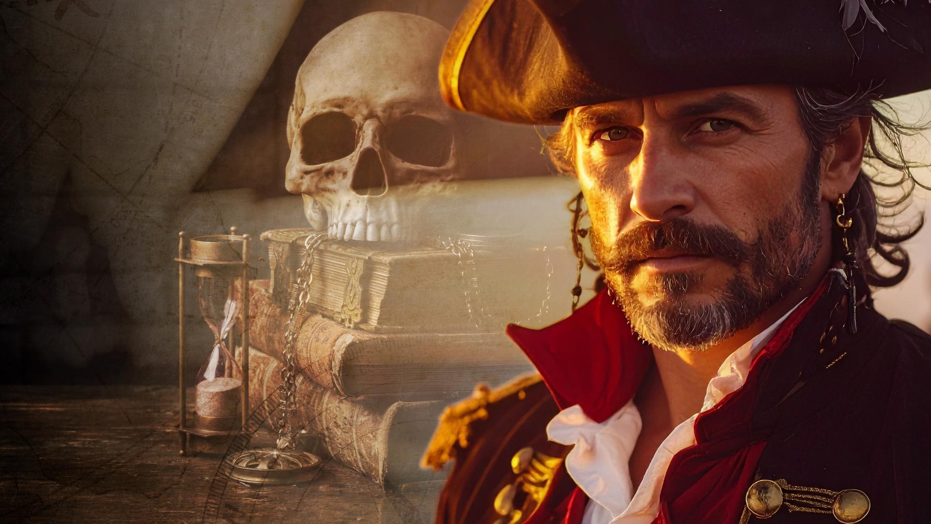 Collage: Bartholomew Roberts trägt einen schwarzen Bart, lange Haare und einem Dreispitz als Kopfbedeckung. Er schaut seitlich nach vorne.