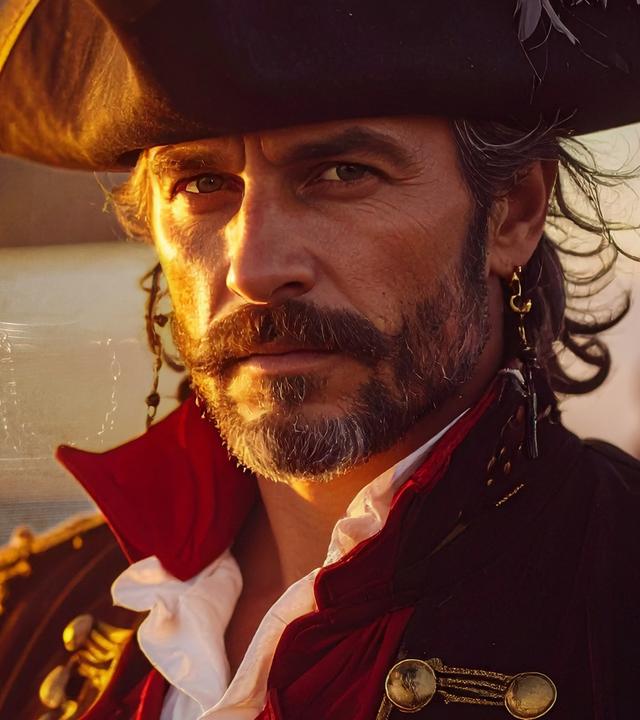 Collage: Bartholomew Roberts trägt einen schwarzen Bart, lange Haare und einem Dreispitz als Kopfbedeckung. Er schaut seitlich nach vorne.