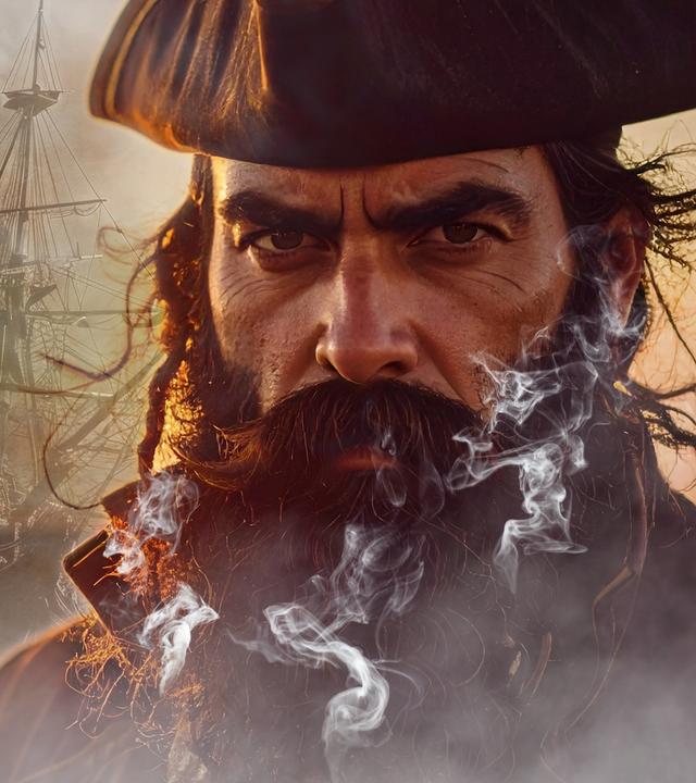 Collage: Captain Blackbeard trägt einen schwarzen Bart und hat einen mürrischen Gesichtsausdruck. Mit einer Hand hält er das Ruder.