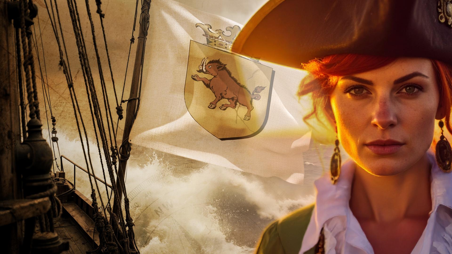 Collage: Grace O'Mally, eine junge Frau mit langen rötlichen Haaren, trägt eine Kopfbedeckung und steht an Bord eines Schiffes