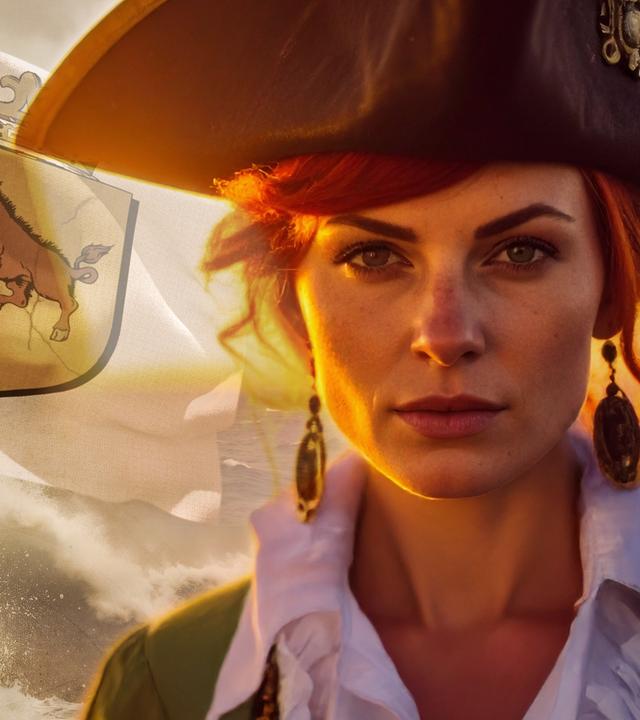 Collage: Grace O'Mally, eine junge Frau mit langen rötlichen Haaren, trägt eine Kopfbedeckung und steht an Bord eines Schiffes