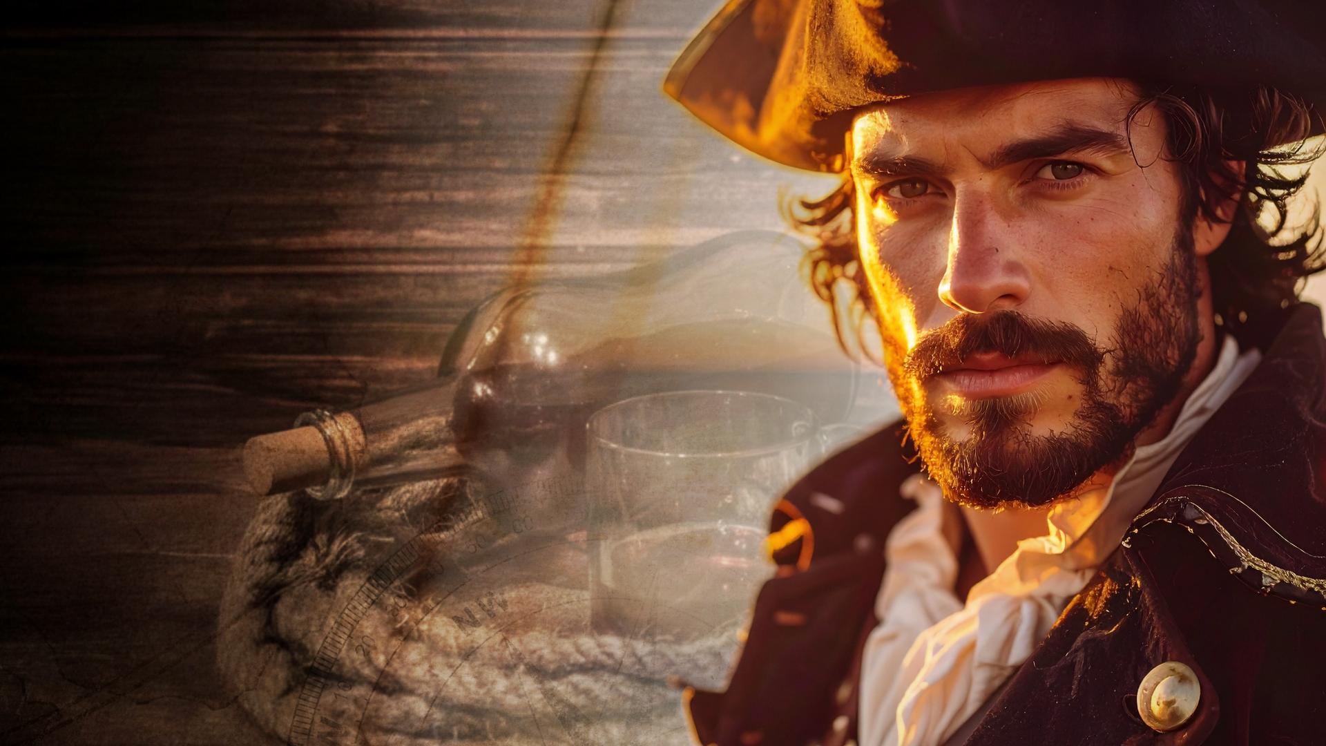 Collage: Henry Morgan trägt einen Dreispitz als Kopfbedeckung, eine weiße Halskrause, einen blauen Mantel und schaut nach oben.