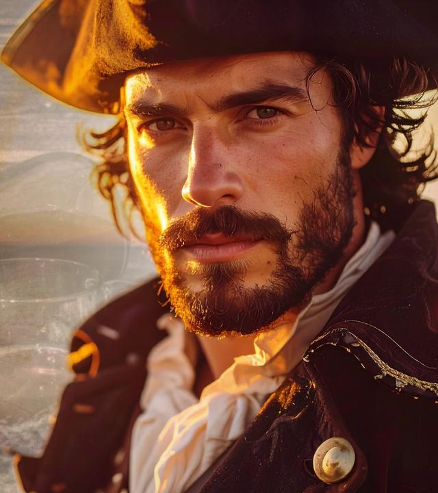 Collage: Henry Morgan trägt einen Dreispitz als Kopfbedeckung, eine weiße Halskrause, einen blauen Mantel und schaut nach oben.