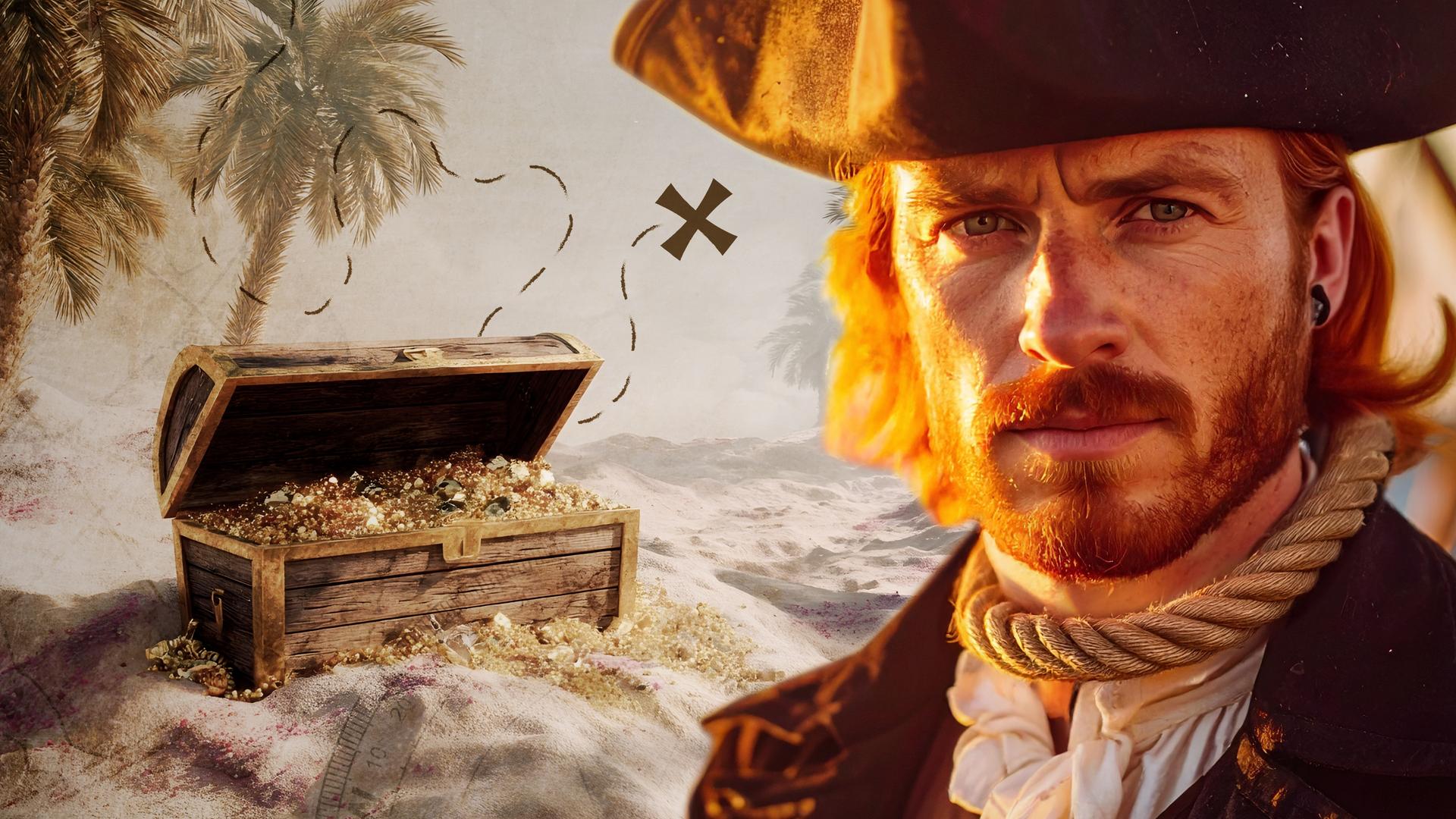 Collage: William Kidd steht an Bord eines Schiffes.