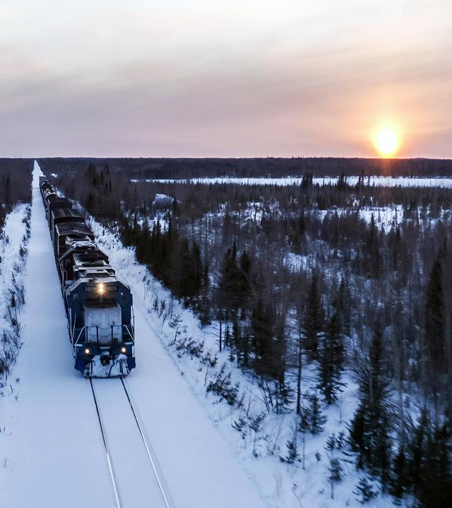 Panoramaaufnahme: Ein Güterzug durchquert eine Schneelandschaft mit kargen Bäumen bei Sonnenuntergang.