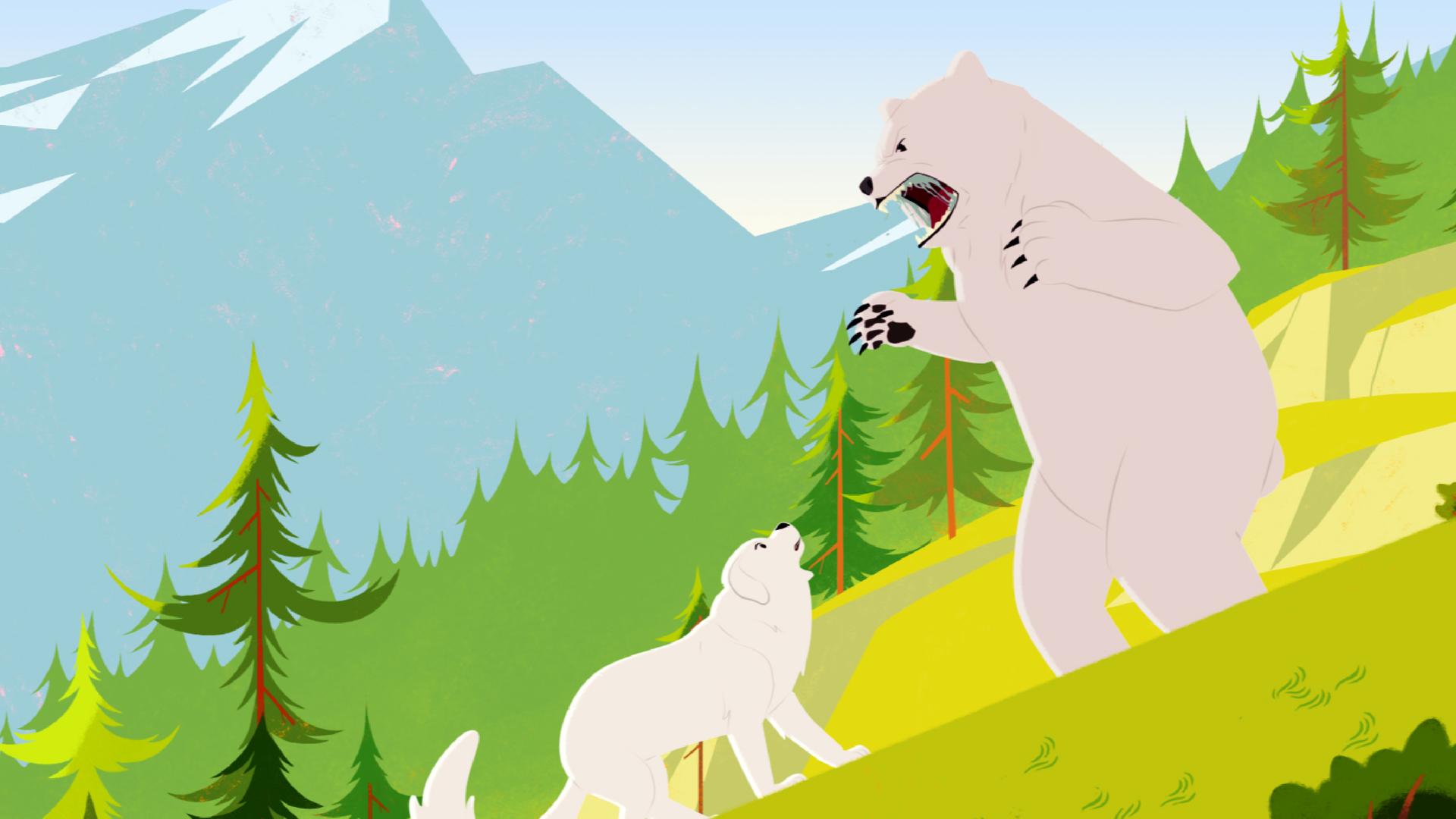 Belle (links) steht verängstigt vor einem großen weißen Bären, der sich ihr gegenüber aufbäumt.