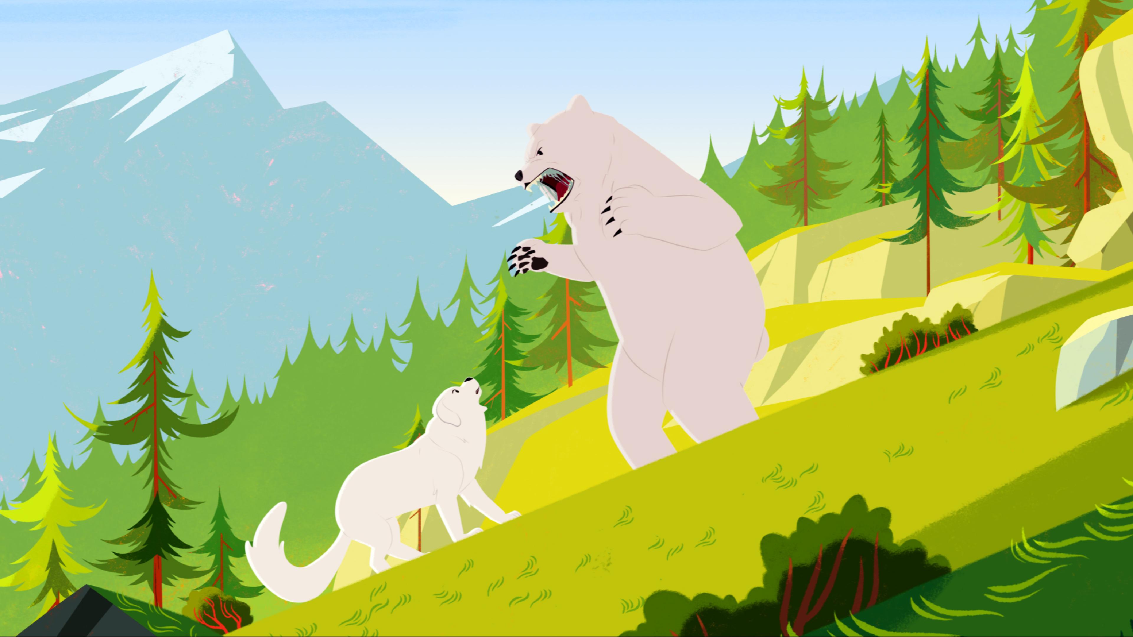 Belle (links) steht verängstigt vor einem großen weißen Bären, der sich ihr gegenüber aufbäumt.