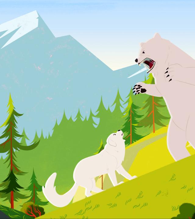 Belle (links) steht verängstigt vor einem großen weißen Bären, der sich ihr gegenüber aufbäumt.