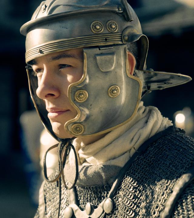 Spielszene mit einem Mann, der mit Metallhelm und Kettenhemd auf einem Burghof steht.
