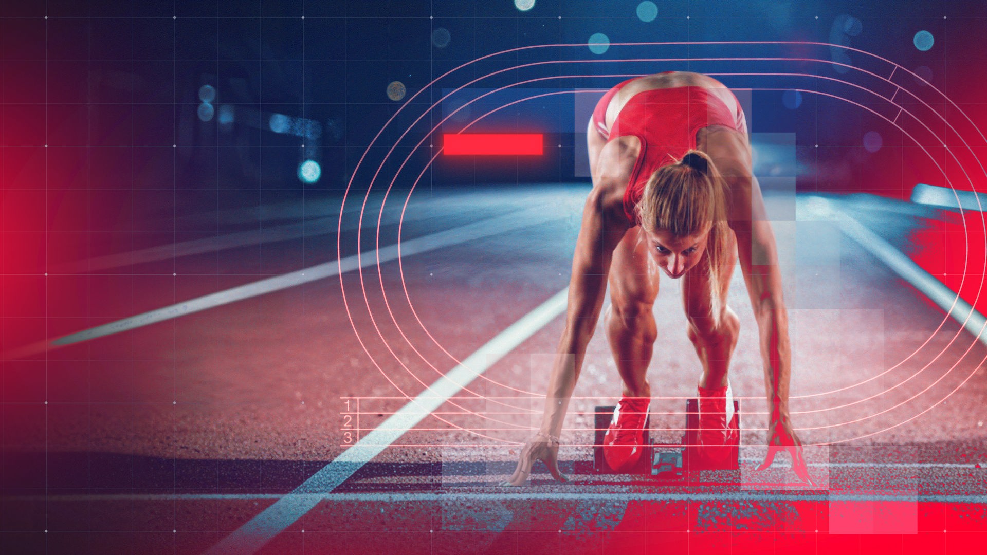 Sprinterin aus der unteren Perspektive beim Start auf Laufbahn