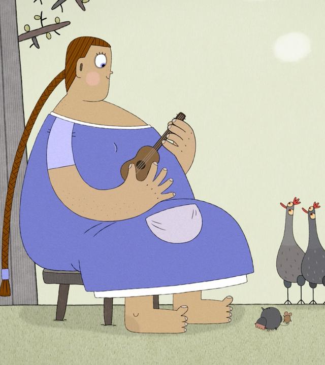 Bäuerin Lena sitzt auf einem Holzschemel vor einem Baum, der erste grüne Knospen zeigt. Sie ist groß und sehr korpulent. Sie hat einen langen rot-brauen Zopf, der fast bis zur Erde reicht. Sie hat ein langes blaues Kleid an, aber weder Schuhe noch Strümpfe. Sie spielt auf einer kleinen Gitarre ein Lied. Um sie herum haben sich allerlei Tiere versammelt, die sie erwartungsvoll anschauen: ein rosa Schweinchen, zwei Hennen, ein Hund, ein Schaf, eine Kuh. Genau vor ihr sitzt ein Maulwurf neben einer Maus.