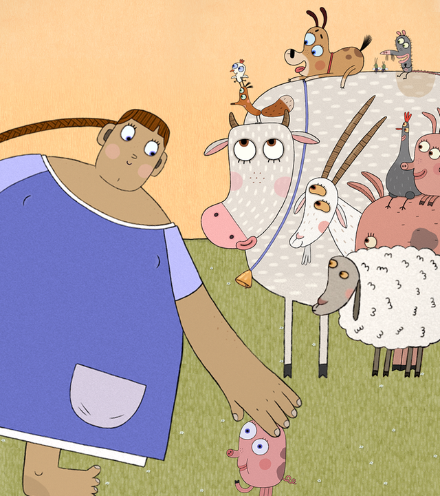 Lenas steht mit einem Banjo in der Hand vor ganz vielen Tieren auf ihrem Hof