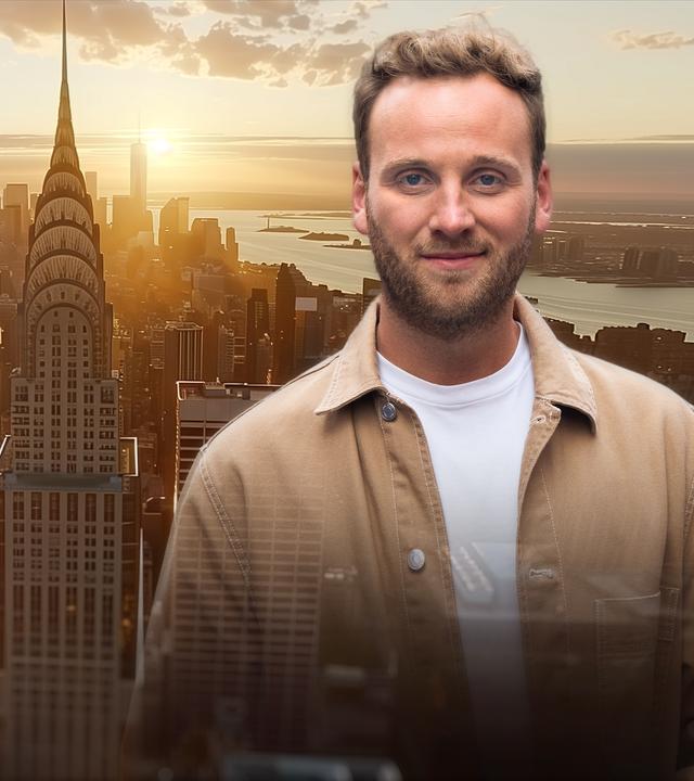 Collage: Leon Windscheid vor der Skyline von New York City.