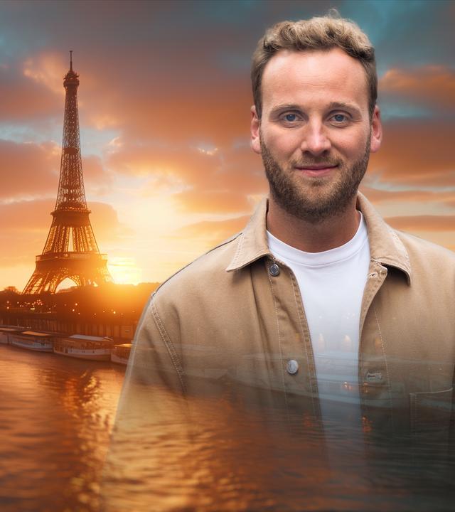 Collage: Leon Windscheid vor dem Eiffelturm in Paris.