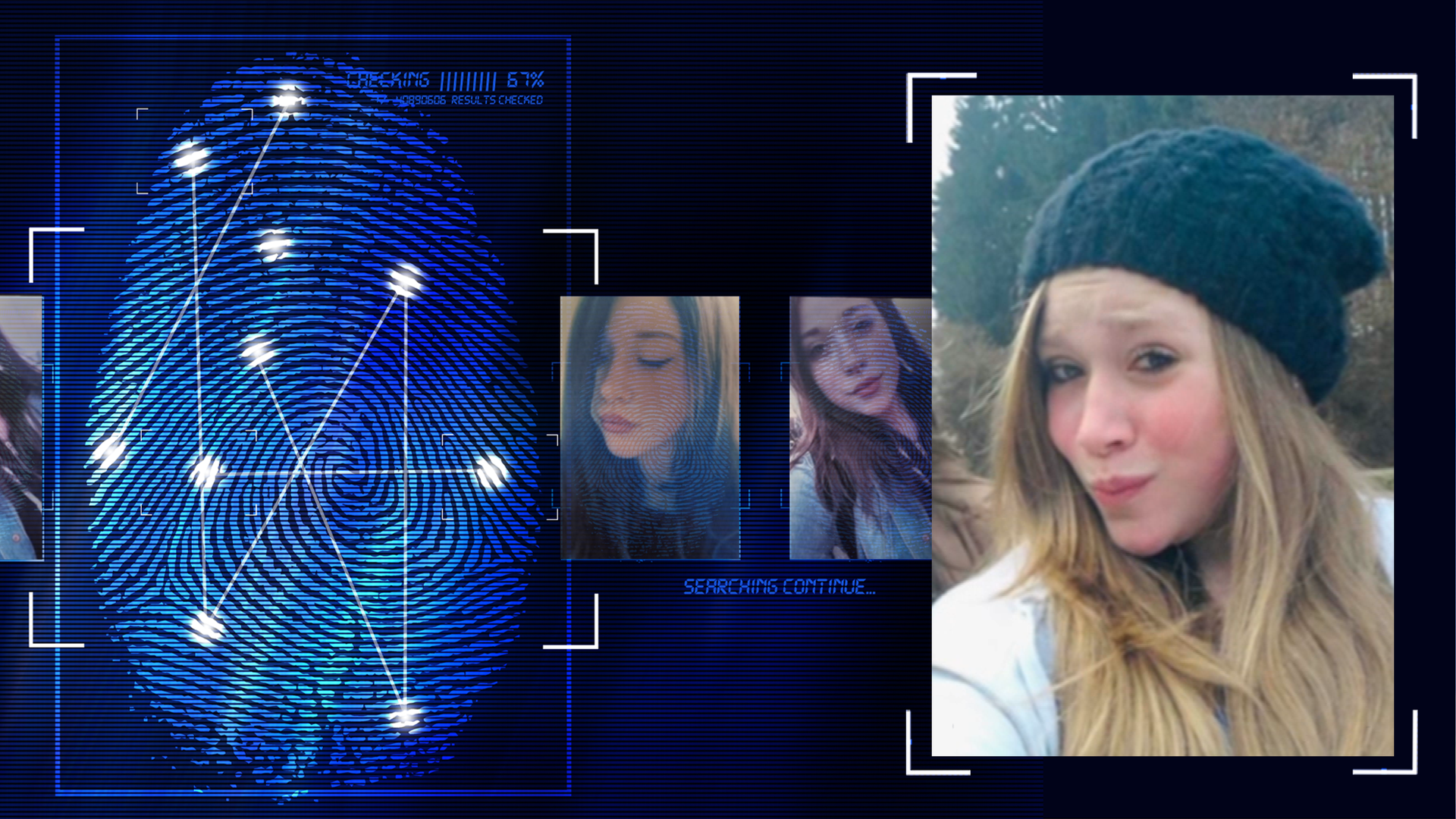 15-jähriges Mädchen blickt seitlich in die Kamera. Sie lächelt. Sie trägt eine dunkelblaue Wollmütze, hat lange blonde Haare. Im Hintergrund: Waldszene. Links daneben: Lichtschematische Darstellung eines Fingerabdrucks.