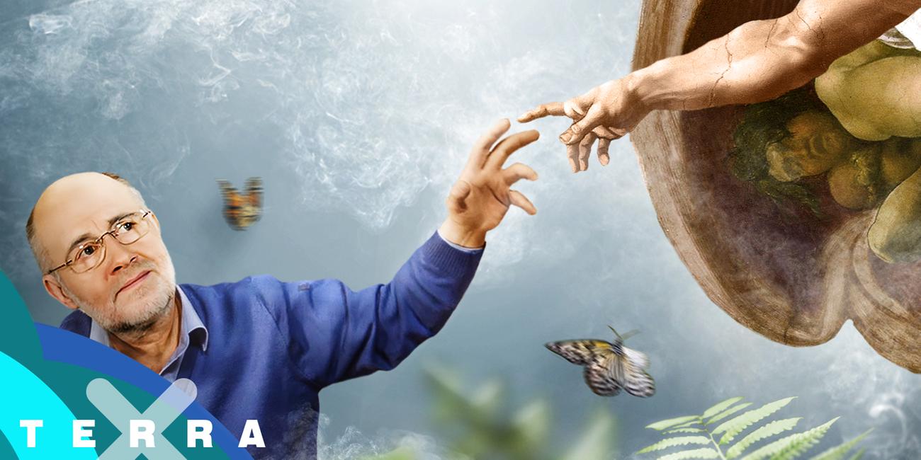 Harald Lesch streckt seine Hand zu Michelangelos Hand Gottes aus