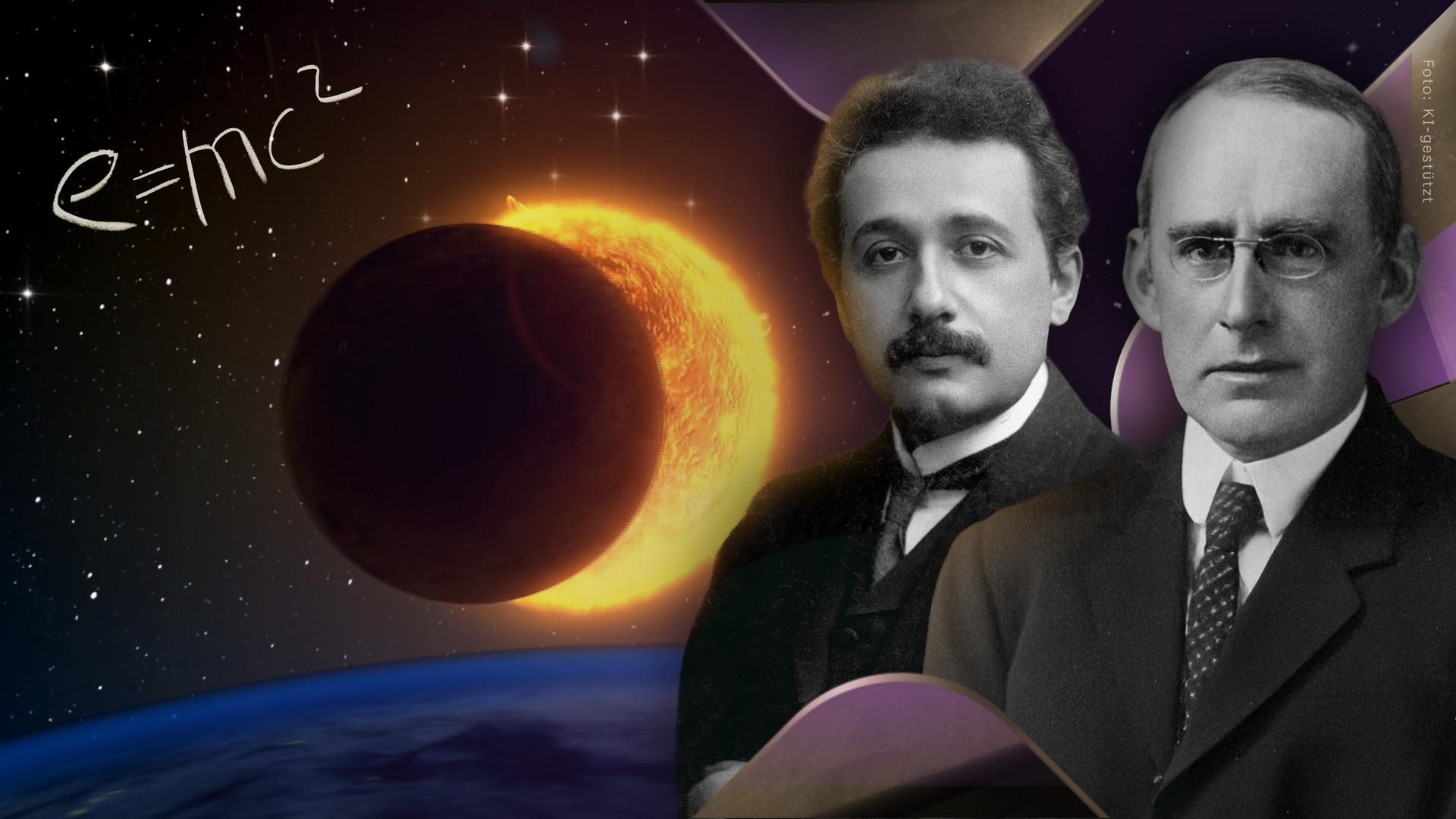 Albert Einstein und Arthur Eddington vor Sonnenfinsternis