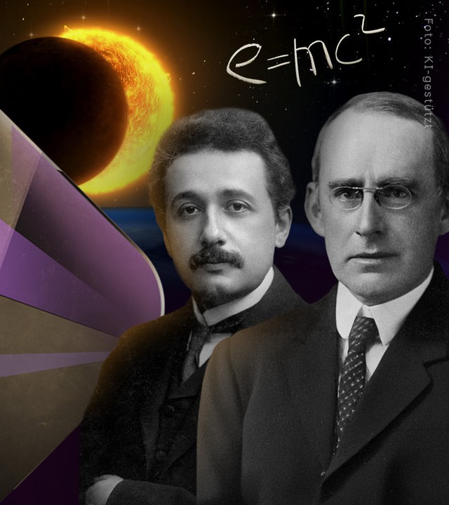 Albert Einstein und Arthur Eddington vor Sonnenfinsternis