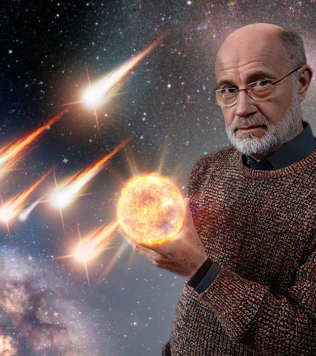 Harald Lesch hält glühende Kugel vor Großen Magellanschen Wolke