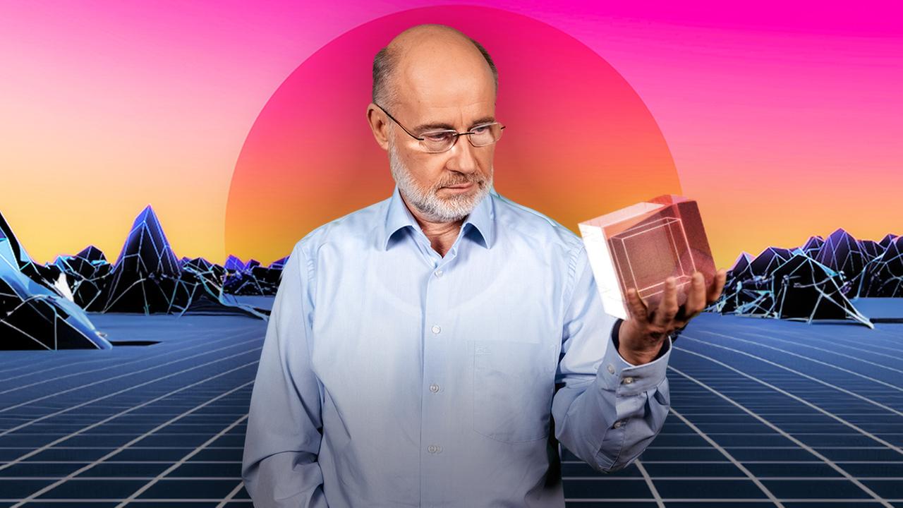 Grafik: Harald Lesch in einem roten Farbschein blickt auf Würfel