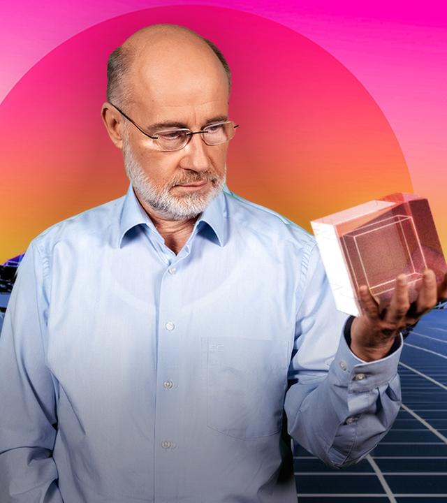 Grafik: Harald Lesch in einem roten Farbschein blickt auf Würfel