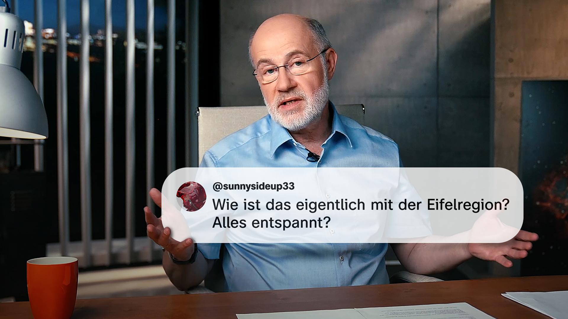 Harald Lesch hält eine Zuschauerfrage: "Was ist eigentlich mit der Eifelregion?"