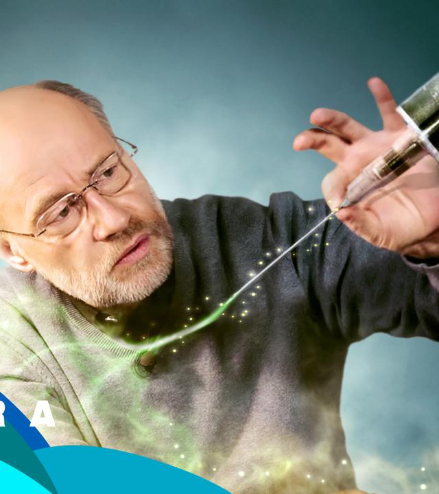 Grtafik: Professor Harald Lesch mit Spritze