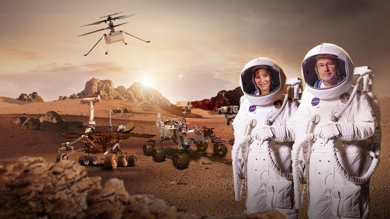 Collage: Harald Lesch und Suzanna Randall in Raumanzügen auf dem Mars