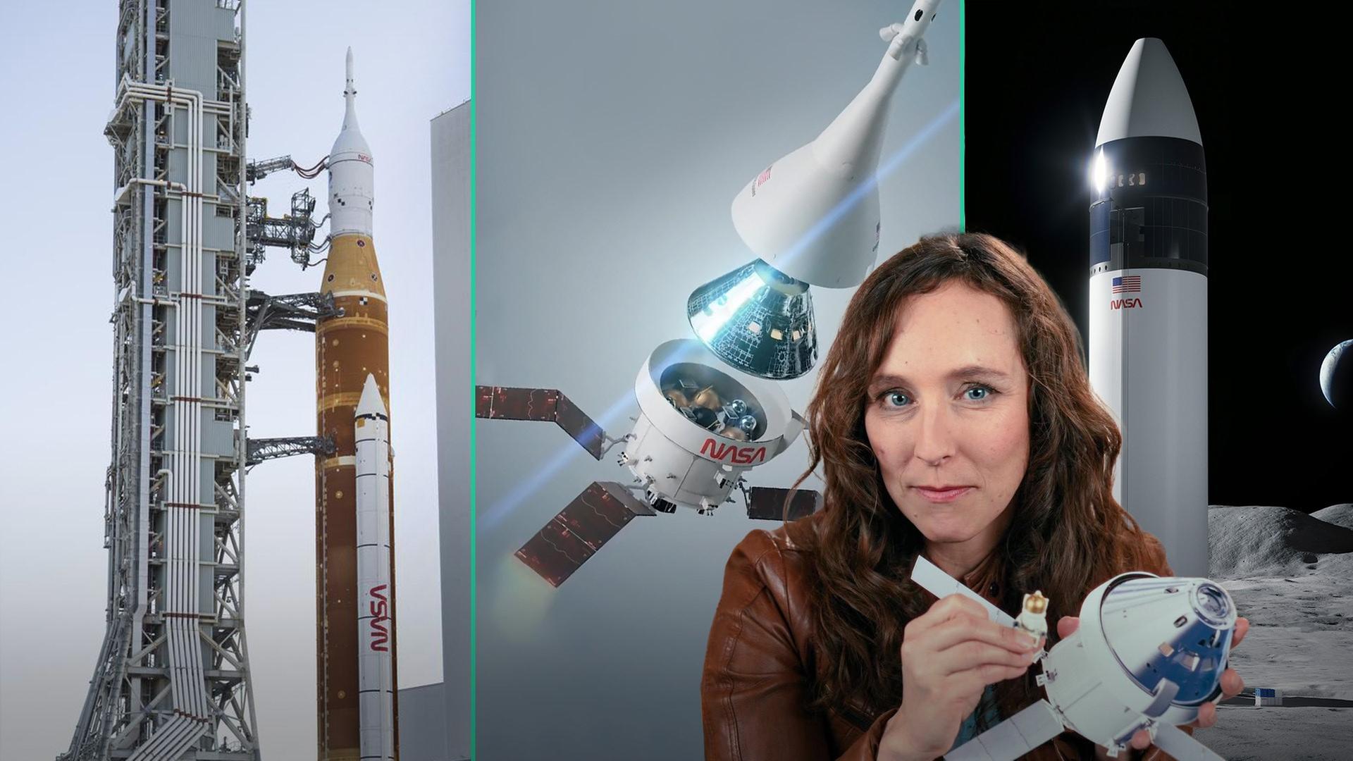Montage: Suzanna Randall zwischen mehreren Raketen