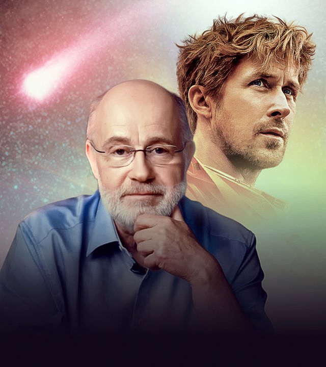 Harald Lesch vor einem Hintergrundbild von Sternen im Weltraum, rechts von ihm ein Portrait von Ryan Gosling aus dem Film "Der Astronaut".