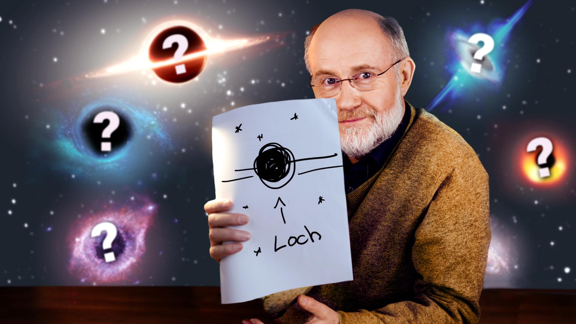 Harald Lesch hält ein Din A4 Blatt hoch, das eine einfache Zeichnung eines schwarzen Loches abbildet