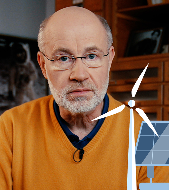 Collage: Harald Lesch hinter Grafiken (Windrad, Solarzellen)