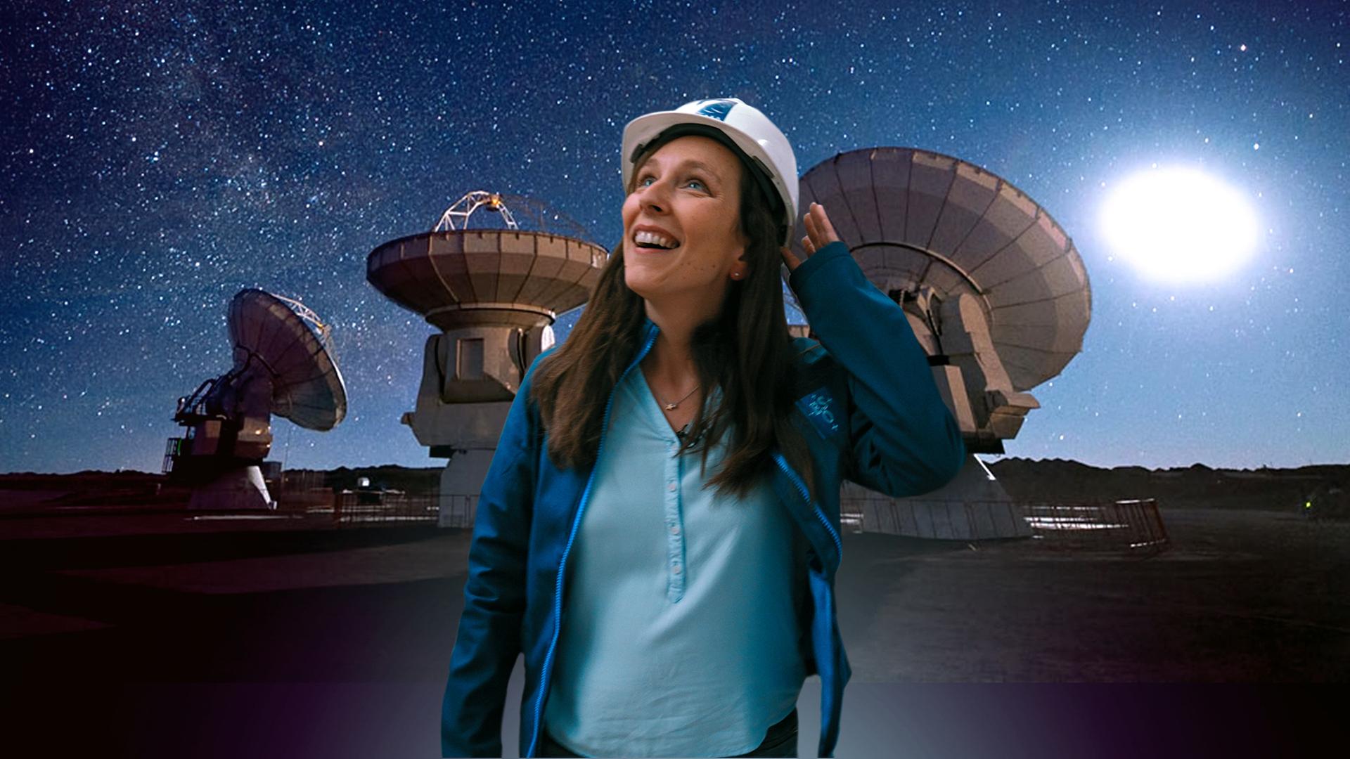 Collage: Suzanna Randall vor dem ALMA-Teleskop