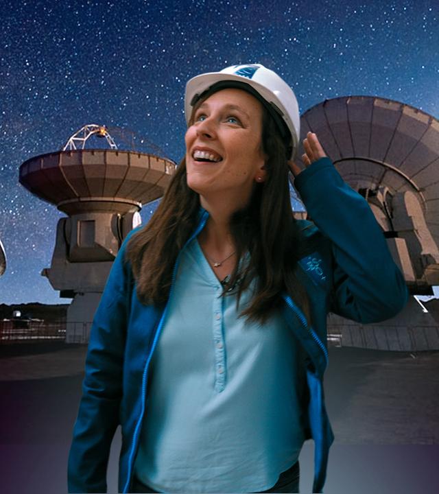 Collage: Suzanna Randall vor dem ALMA-Teleskop