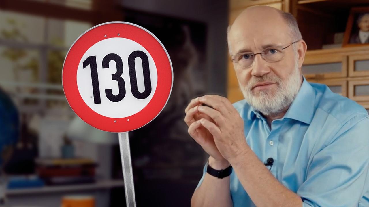 Professor Harald Lesch neben Verkehrsschild 1230 Stundenkilometer