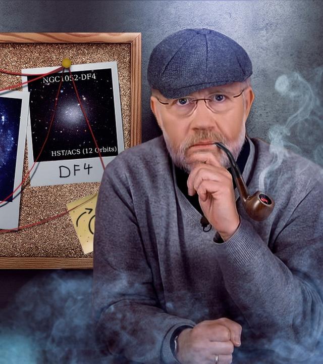 Grafik: Professor Harald Lesch sitzt vor Pinwand mit Fotos von Galaxien