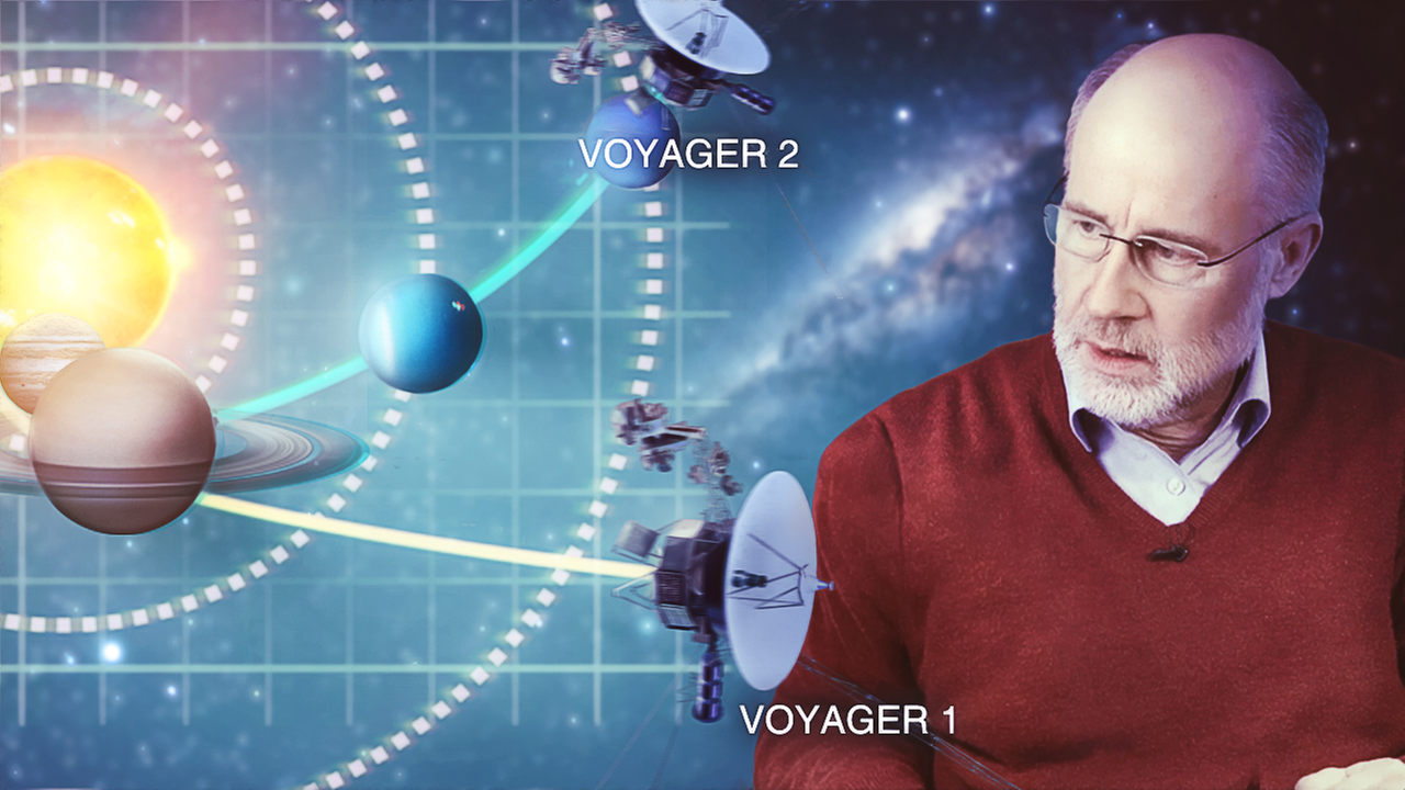 Grafik: Professor Harald Lesch blickt auf die Sonden Voyager 1 und 2