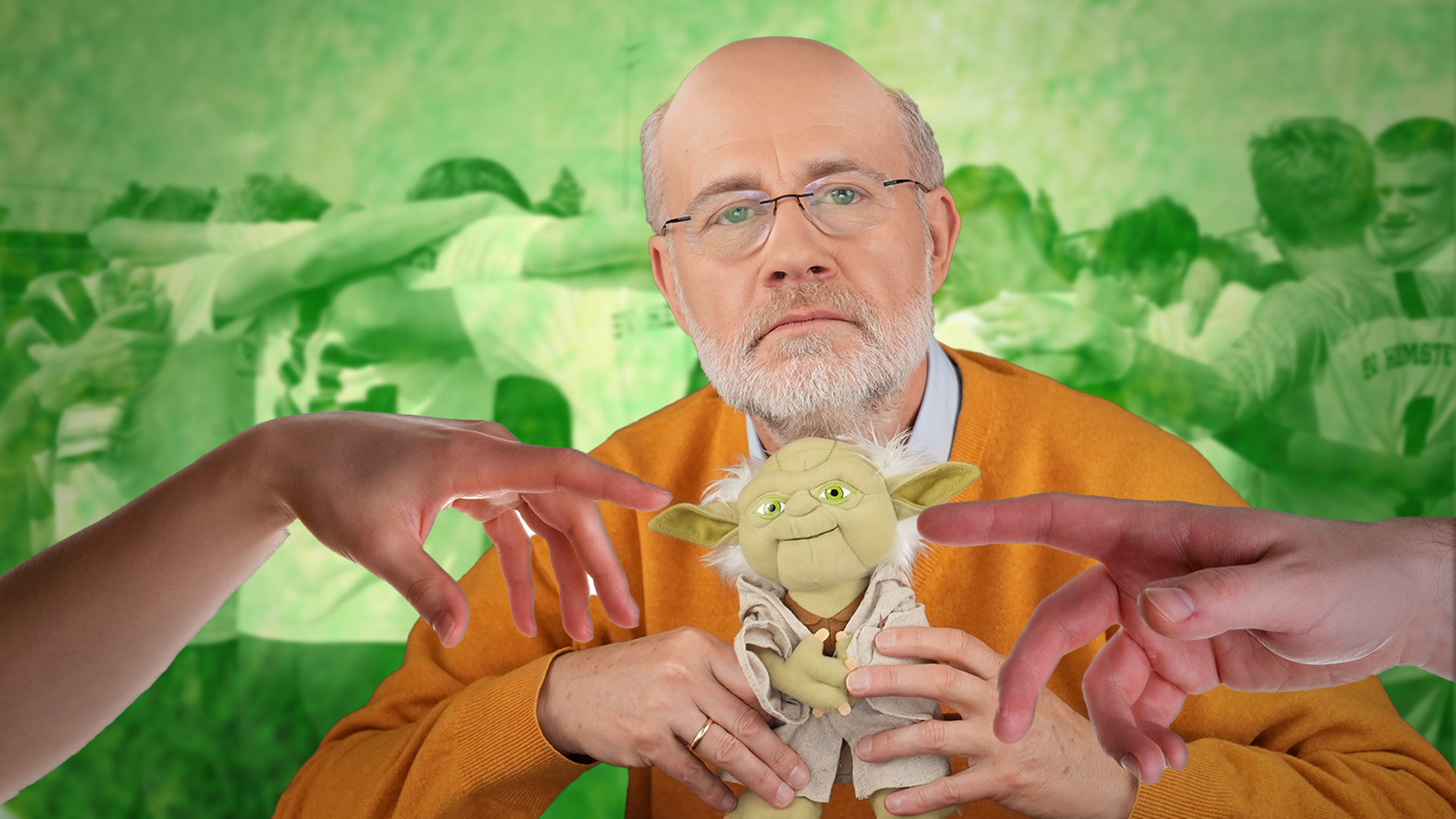Harald Lesch mit Yoda, sich berührenden Händen und sich umarmenden Fußballern (Montage)