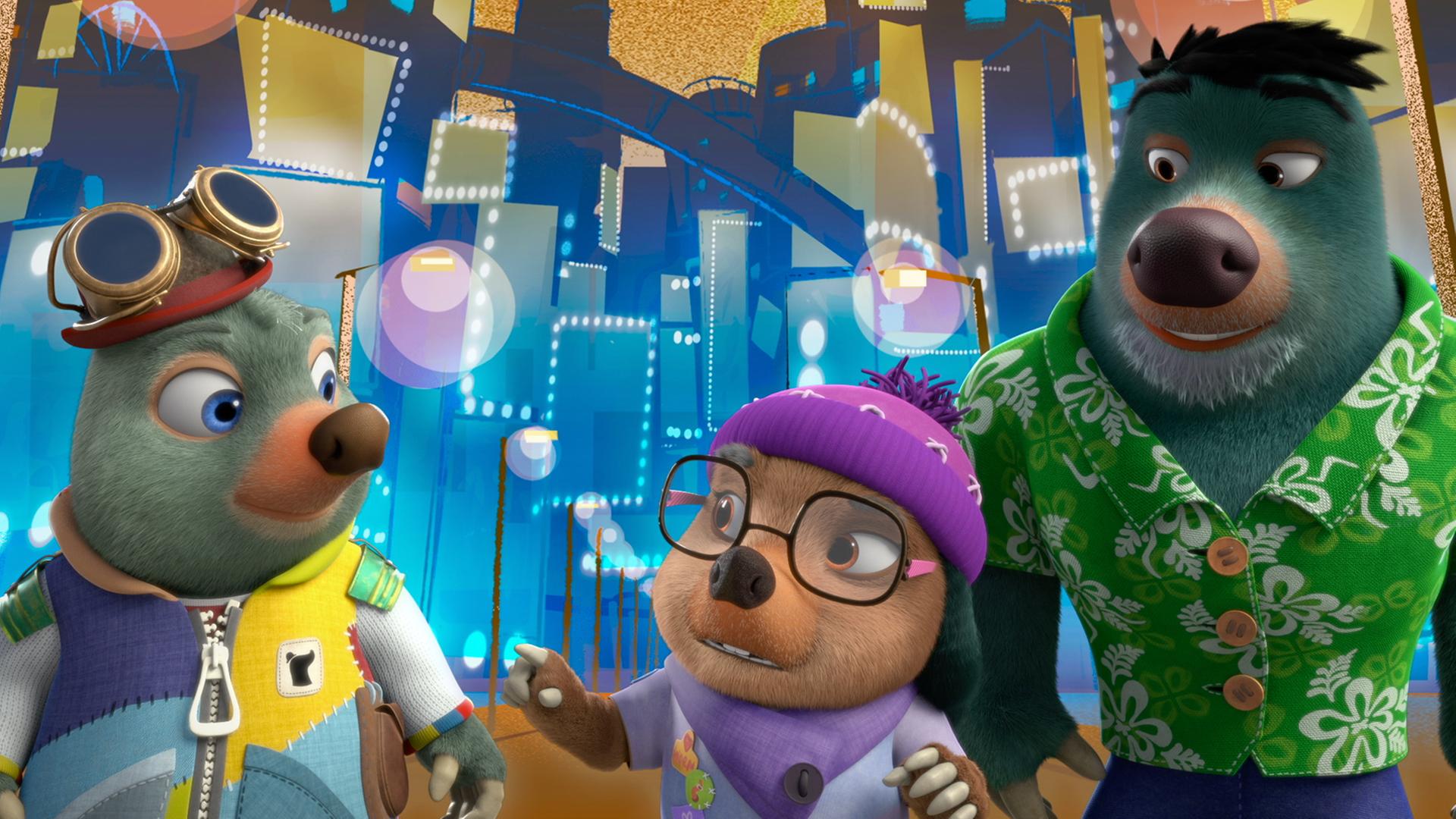 Moley und Dotty stehen gemeinsam mit Lester in einer bunten, virtuellen Zwischenwelt. Diese sieht aus wie eine Theaterbühne.