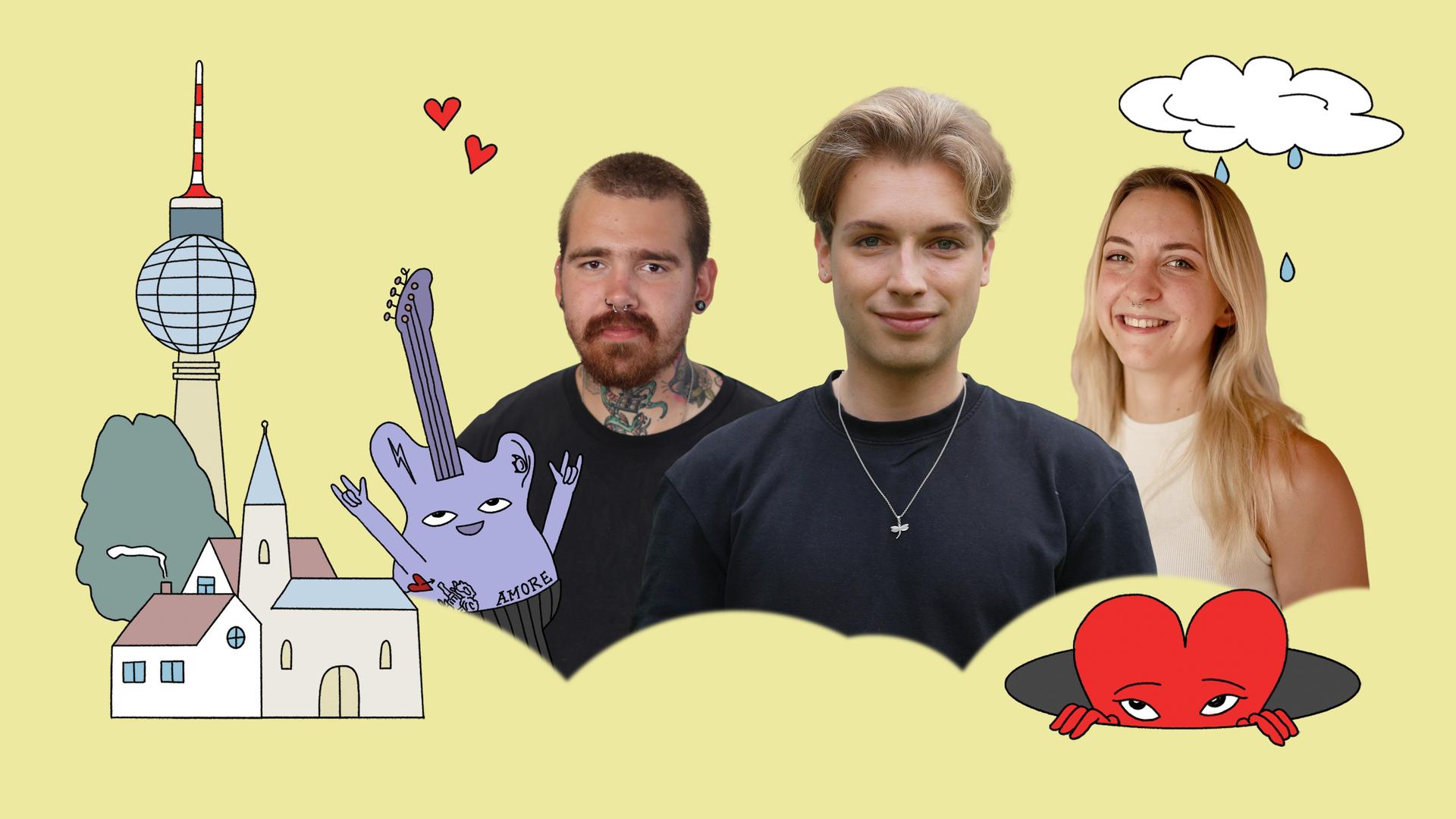 Collage der drei Protagonisten, die von gezeichneten Symbolen, wie zwei Herzen, einer Wolke aus der Regentropfen fallen, einer Kirche und weiteren, umgeben sind.