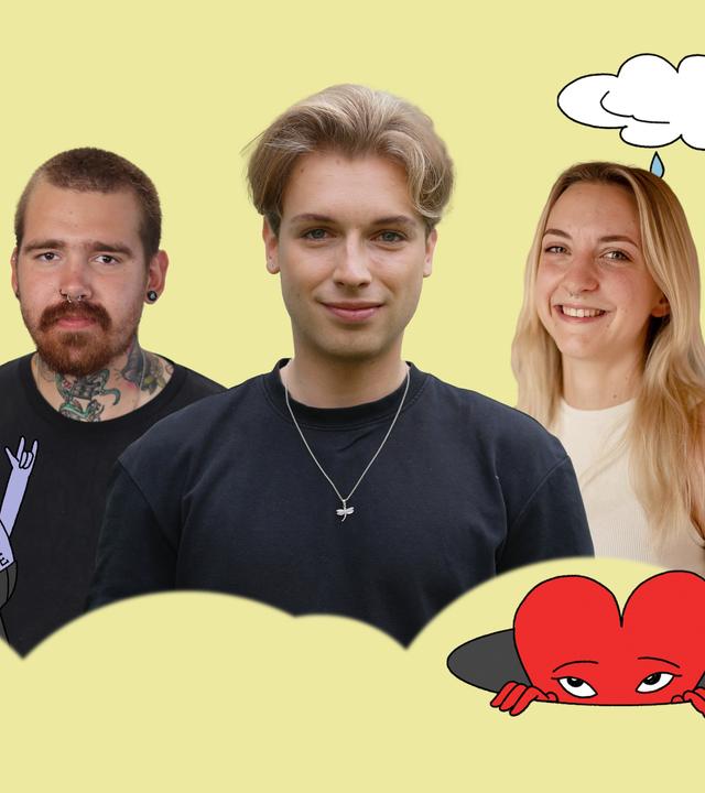 Collage der drei Protagonisten, die von gezeichneten Symbolen, wie zwei Herzen, einer Wolke aus der Regentropfen fallen, einer Kirche und weiteren, umgeben sind.