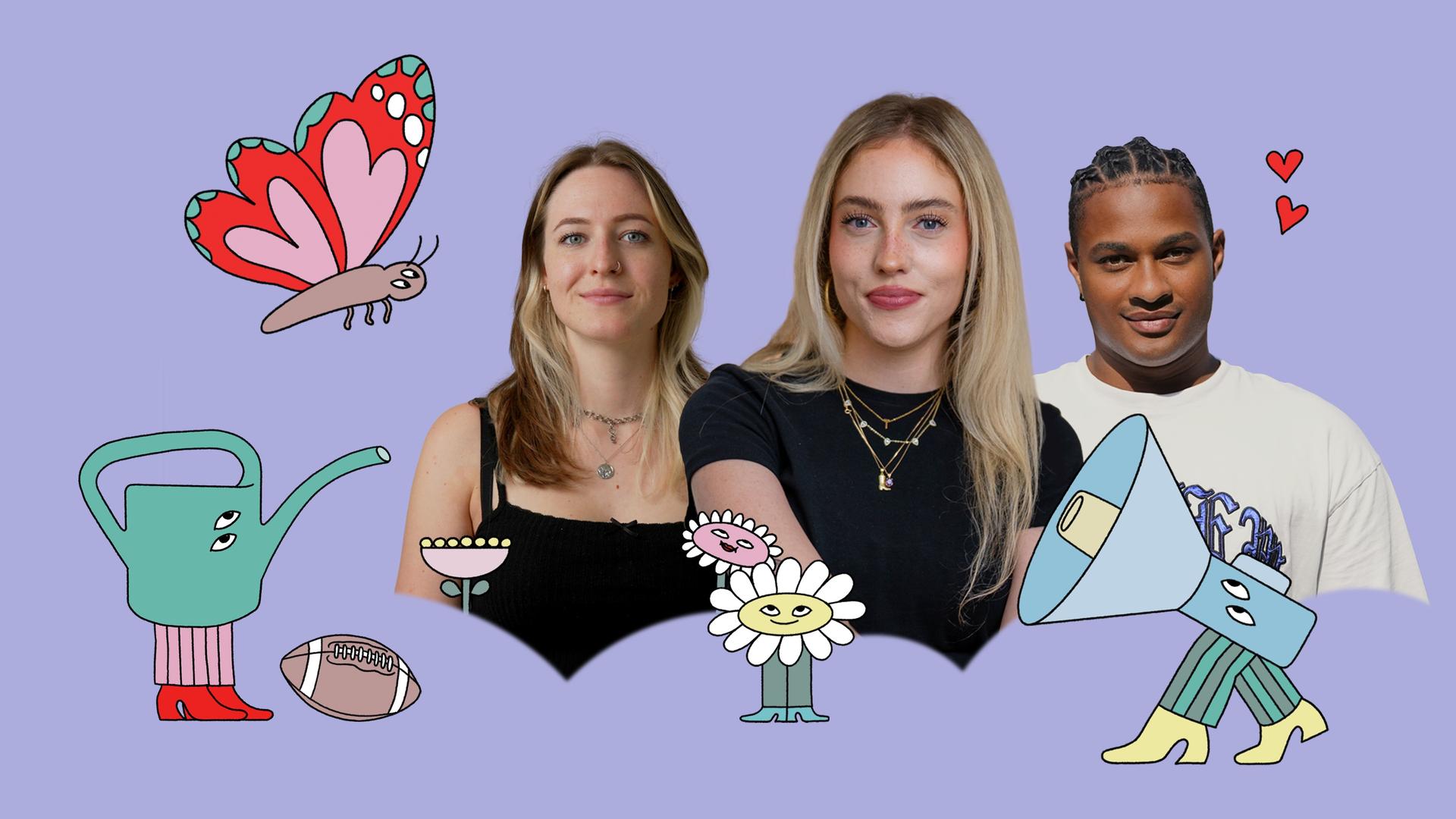 Collage der drei Protagonisten, die von gezeichneten Symbolen, wie einem Schmetterling, zwei Herzen, einer Gießkanne auf Beinen und weiteren, umgeben sind.