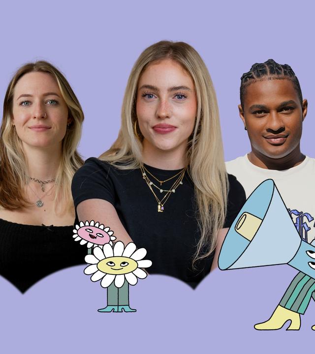 Collage der drei Protagonisten, die von gezeichneten Symbolen, wie einem Schmetterling, zwei Herzen, einer Gießkanne auf Beinen und weiteren, umgeben sind.