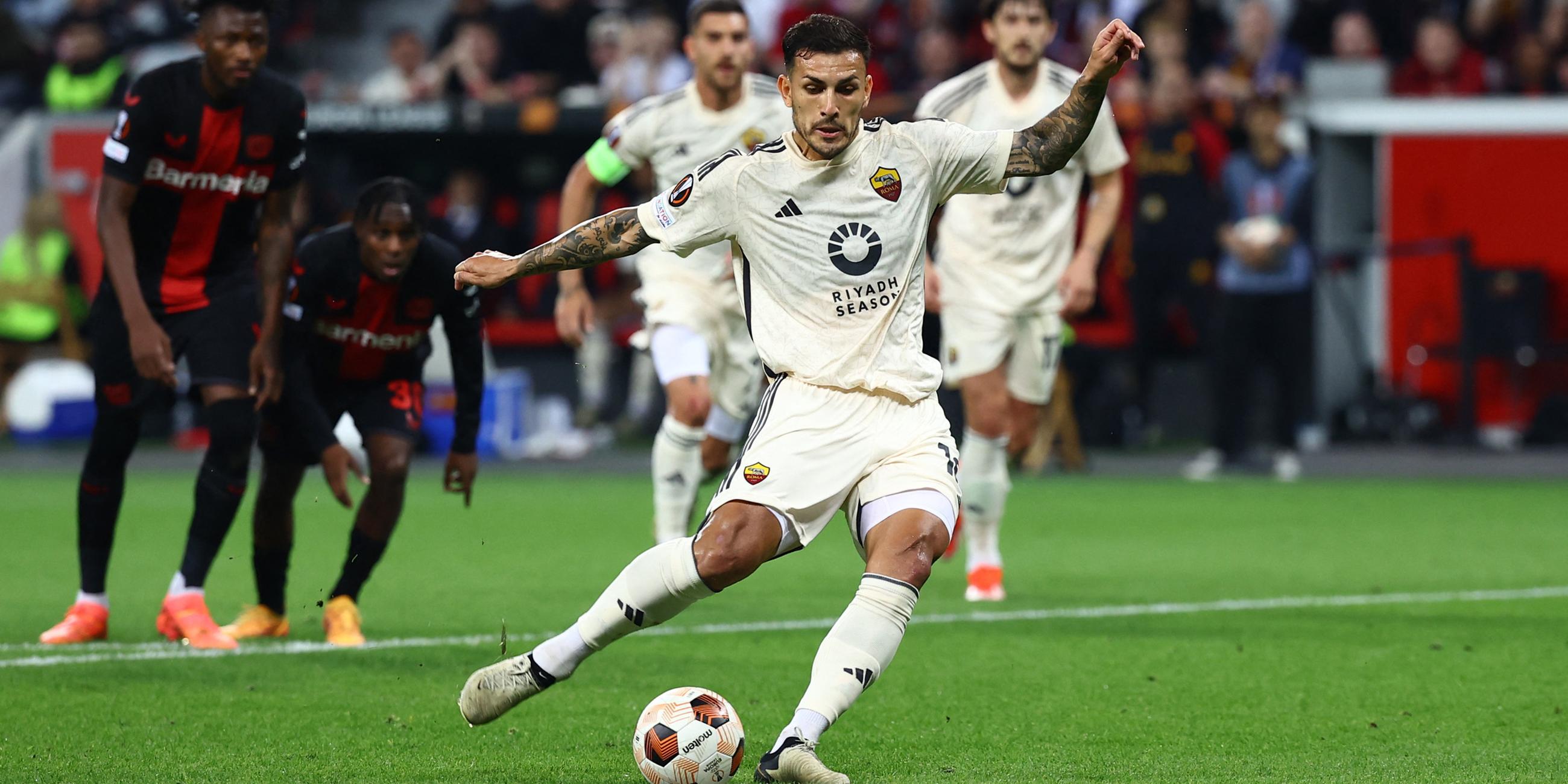 May 9, 2024 AS Roma's Leandro Paredes scores their first goal from the penalty spot 